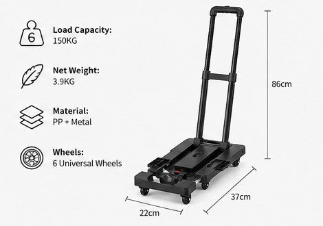 Folding Hand Truck Dolly Moving 176LB Heavy Duty Portable Luggage Cart 6 Wheels Extendable Utility Platform Black